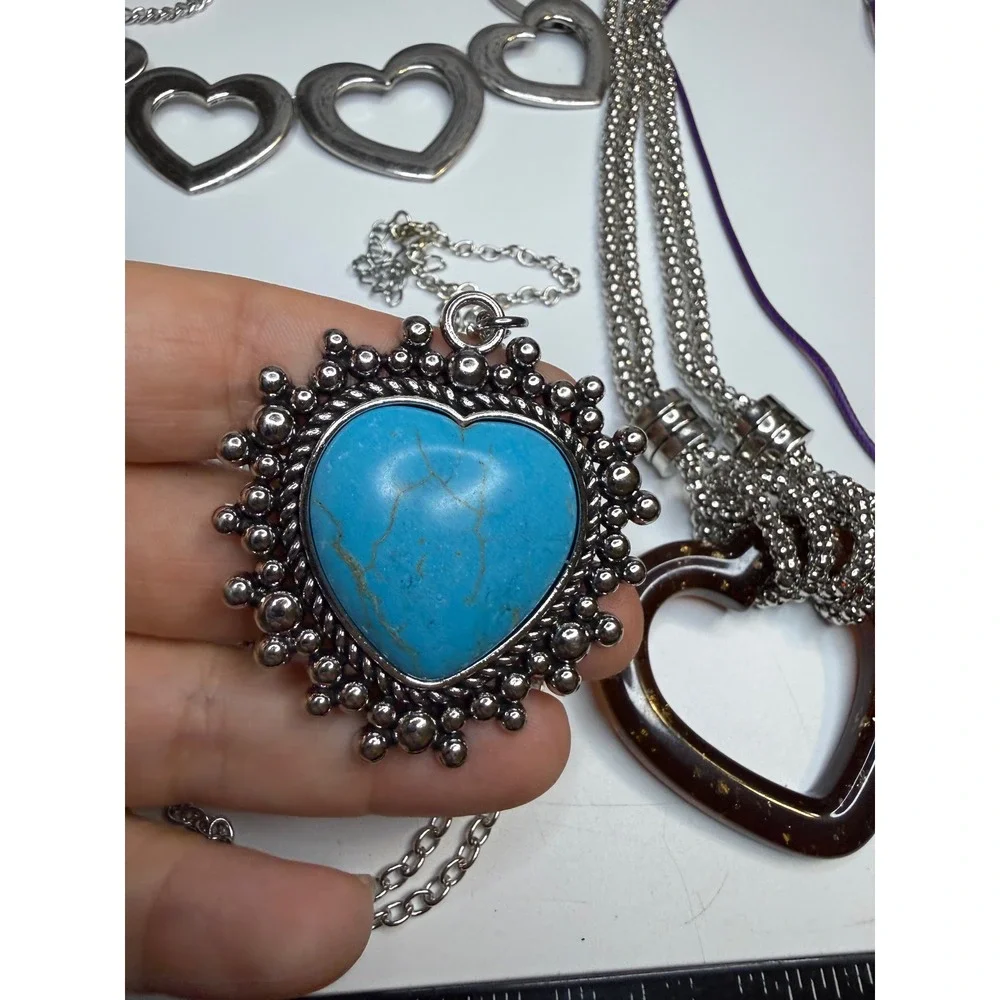 Heart Necklace Lot 4pc Faux Turquoise Resin Puffy Heart Silver Tone Jewelry Set